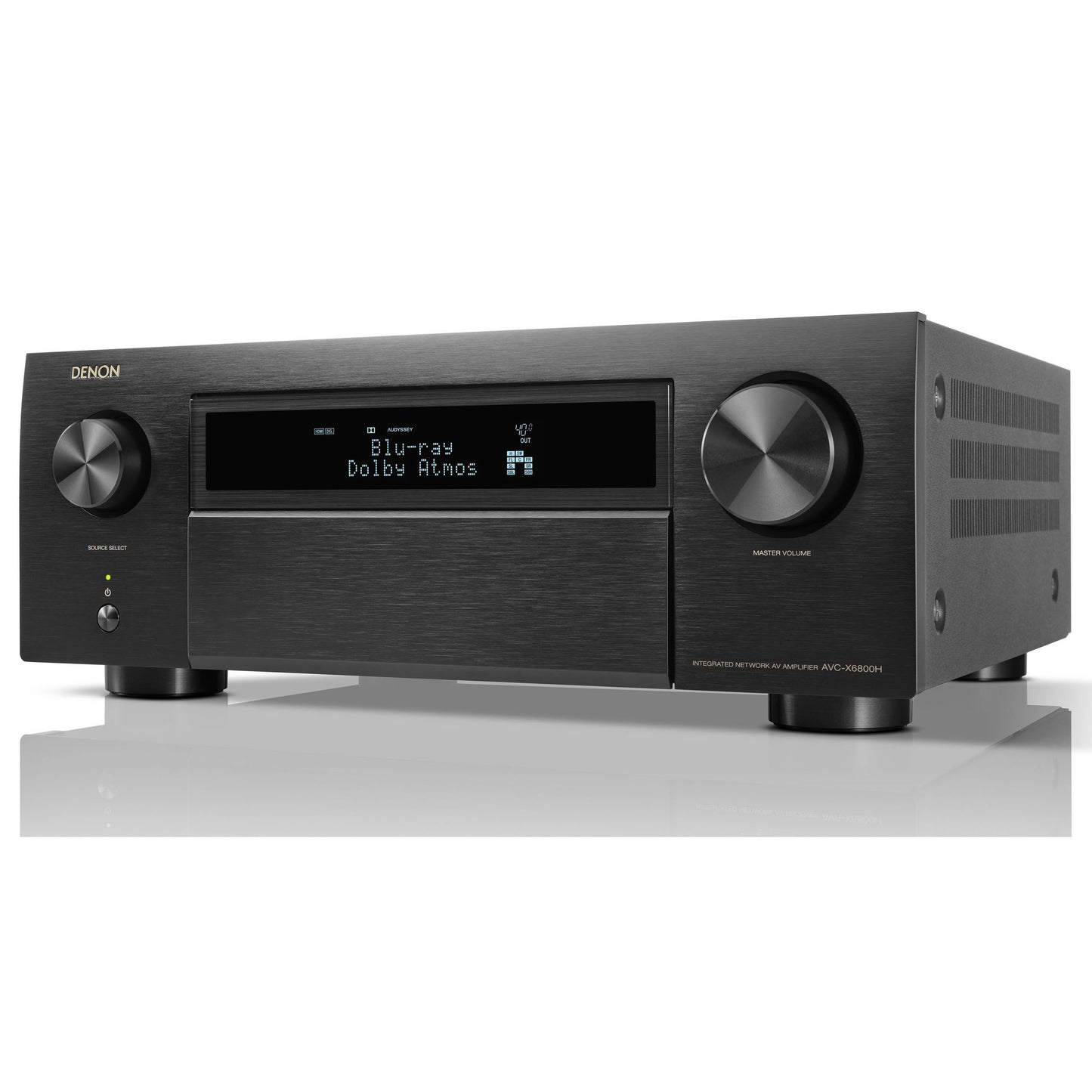 A black Denon AVC-X6800H 11.4 Channel 8K AV Amplifier with display screen and control knobs on the front panel.