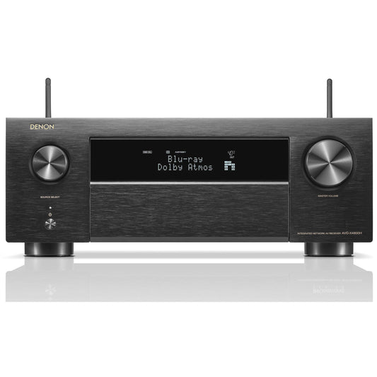 Denon AVC-X4800H 9.4 Channel 8K Home Theatre Amplifier with a black finish, visible front panel display, and remote control responsiveness.