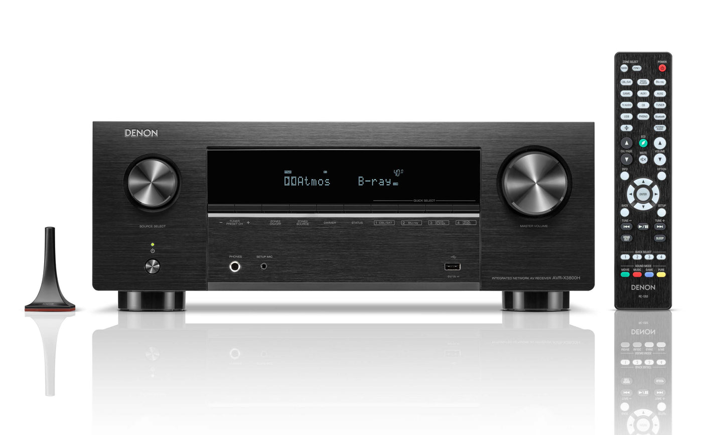 Denon AVC-X3800H with remote control on white background