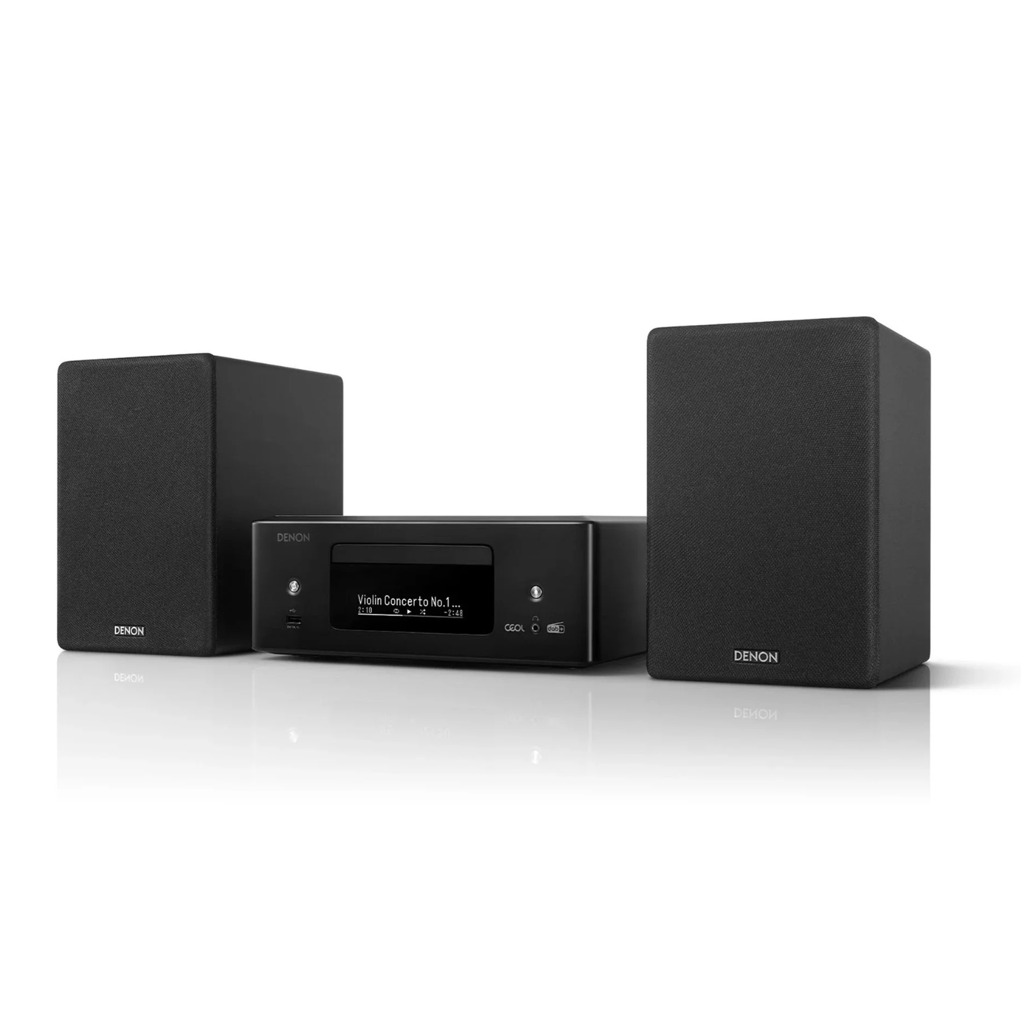 Denon audio system with two speakers on a white background
