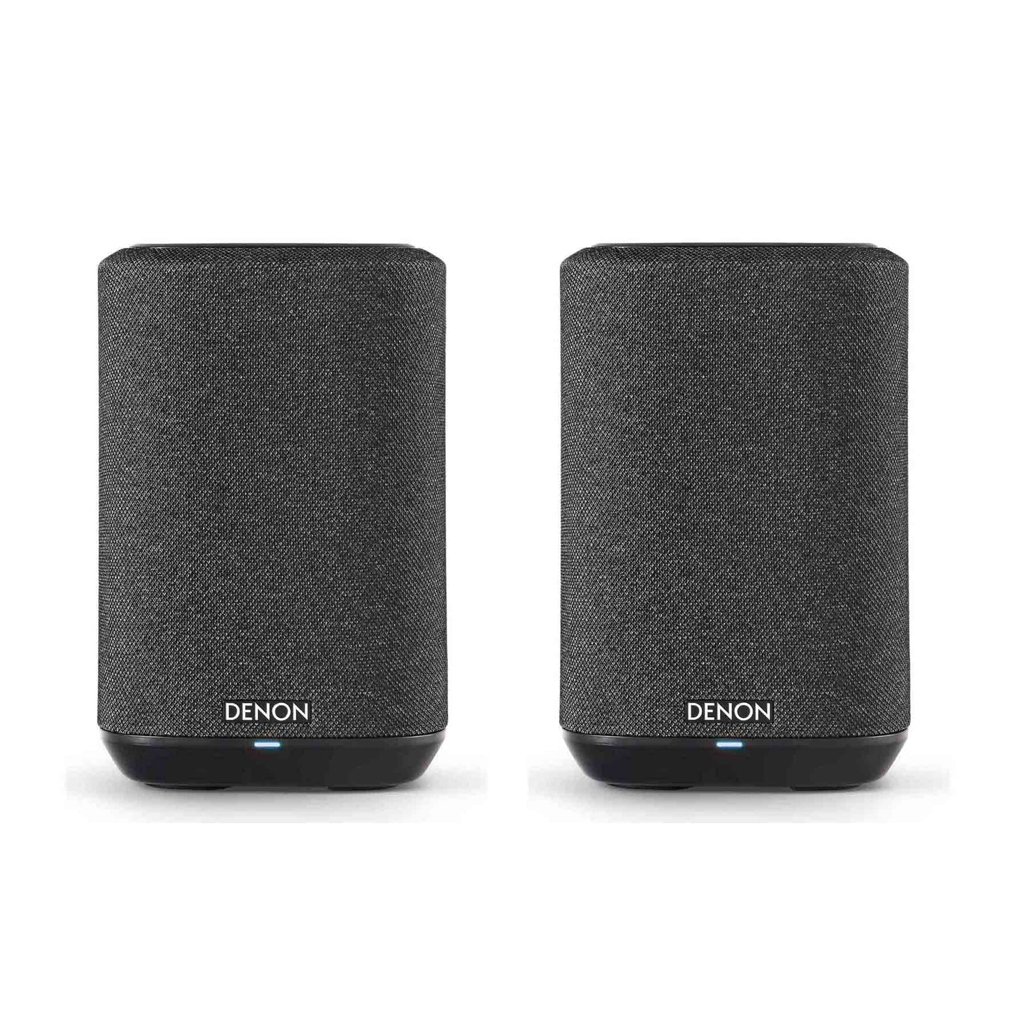 A pair of Denon Home 150 NV wireless speakers in gray color with a fabric finish, standing upright on a white background.