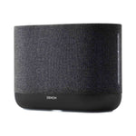 Front angle of black Denon Home 400 wireless smart speaker on white background