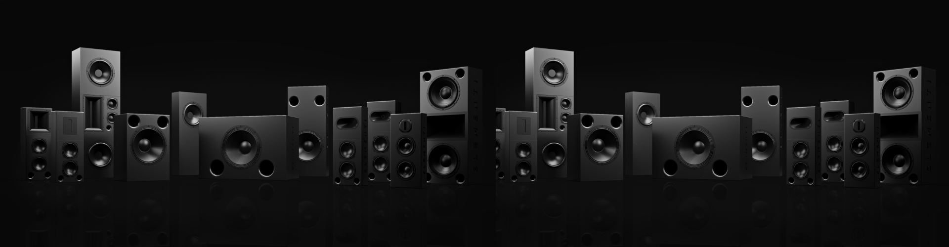 Row of black speakers on a black background