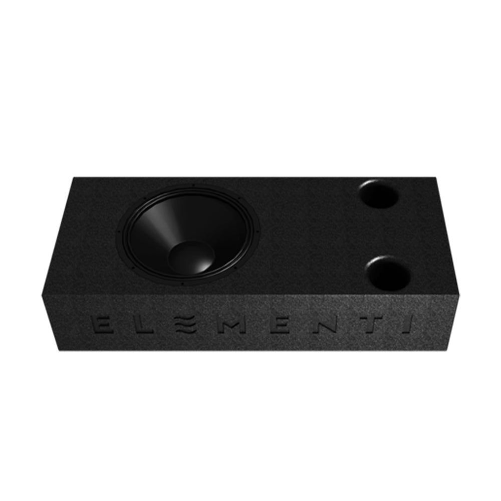 Elementi Audio Onyx Slim Subwoofer lying down on white background