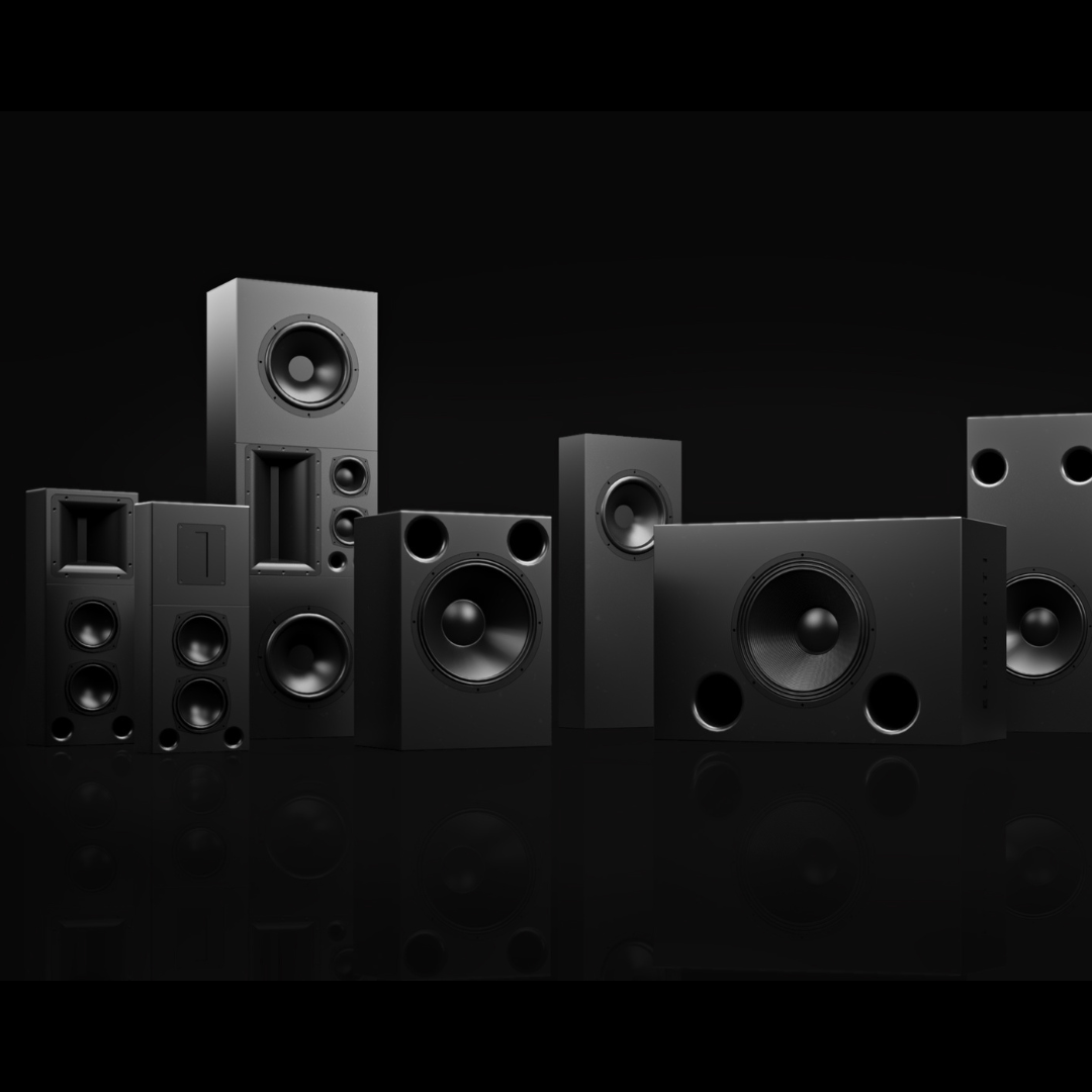 Set of black speakers on a black background