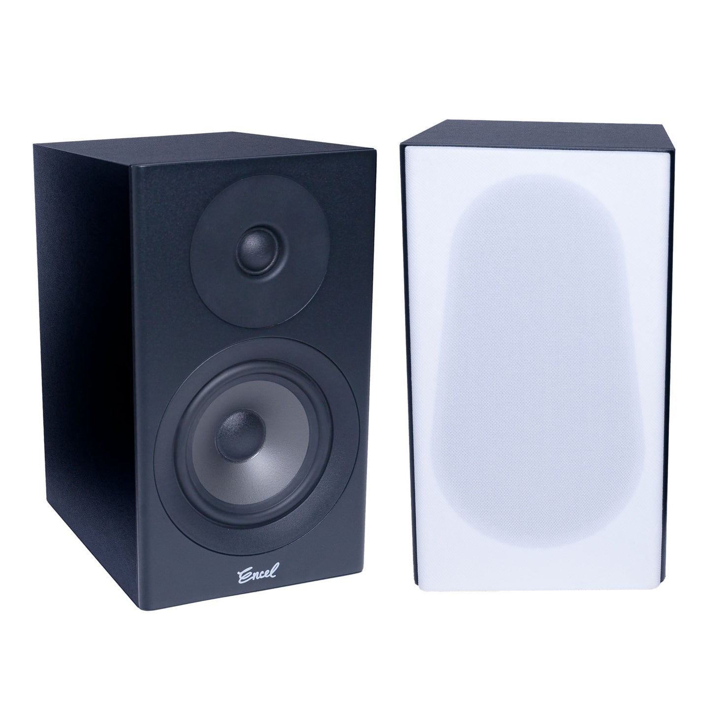 A pair of Encel Raw Gelati speakers, one with a black finish and one with a white grille.