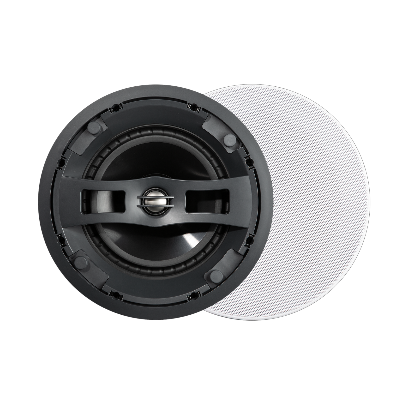 Black and white ceiling speakers on a white background
