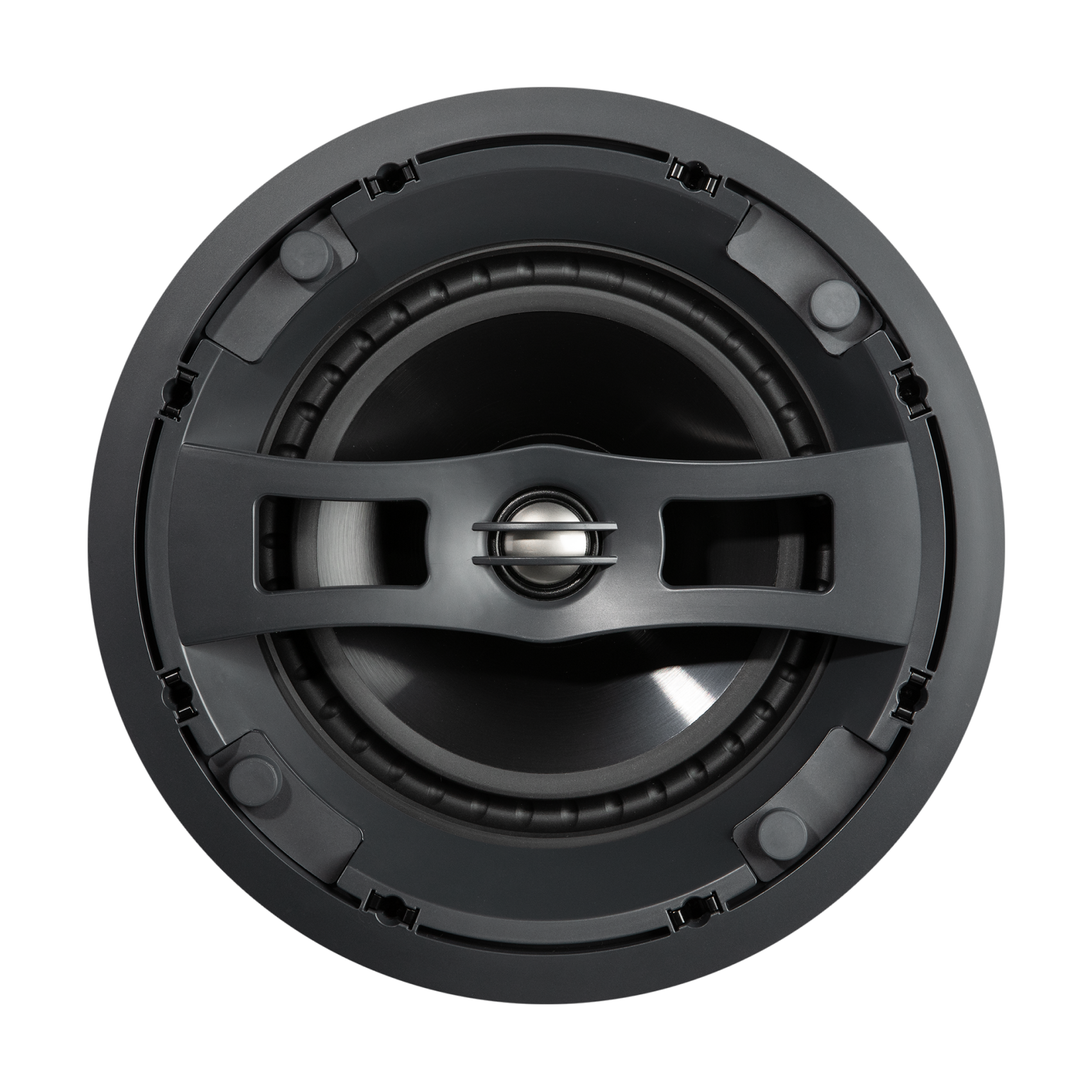 Black round speaker on a white background