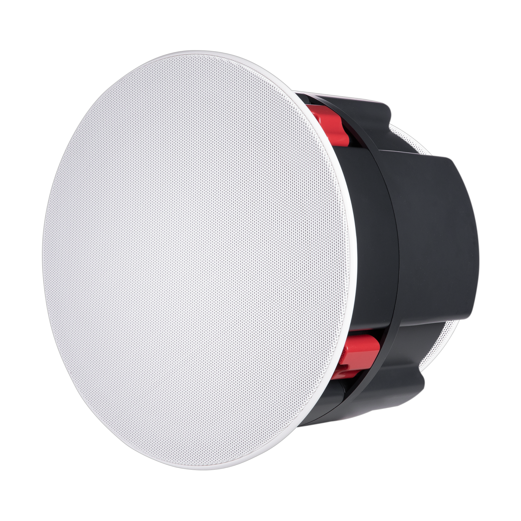 Ceiling speaker with white grille and black and red interior on a white background