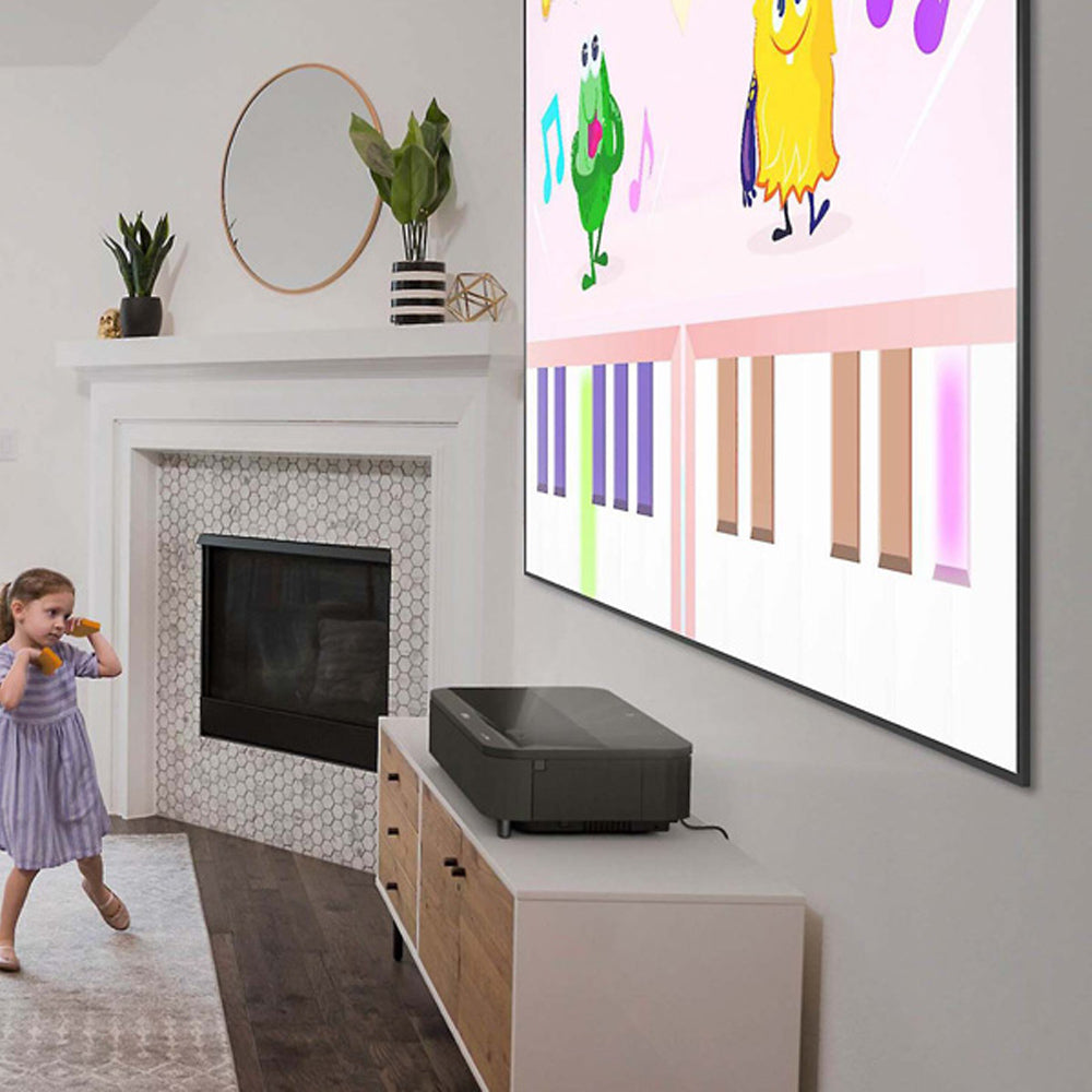 Epson Short Throw Projector on cabinet with girl dancing