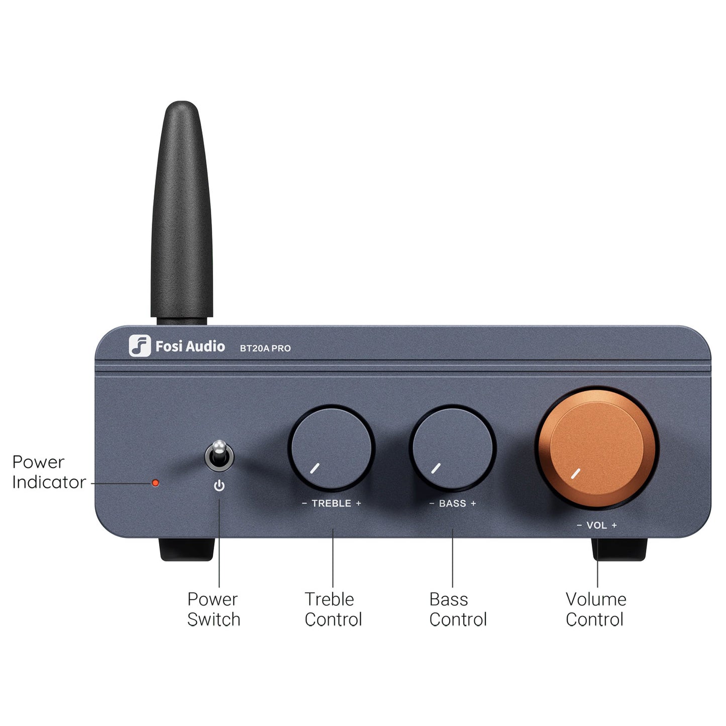 Fosi Audio amplifier with control knobs and labels on a white background