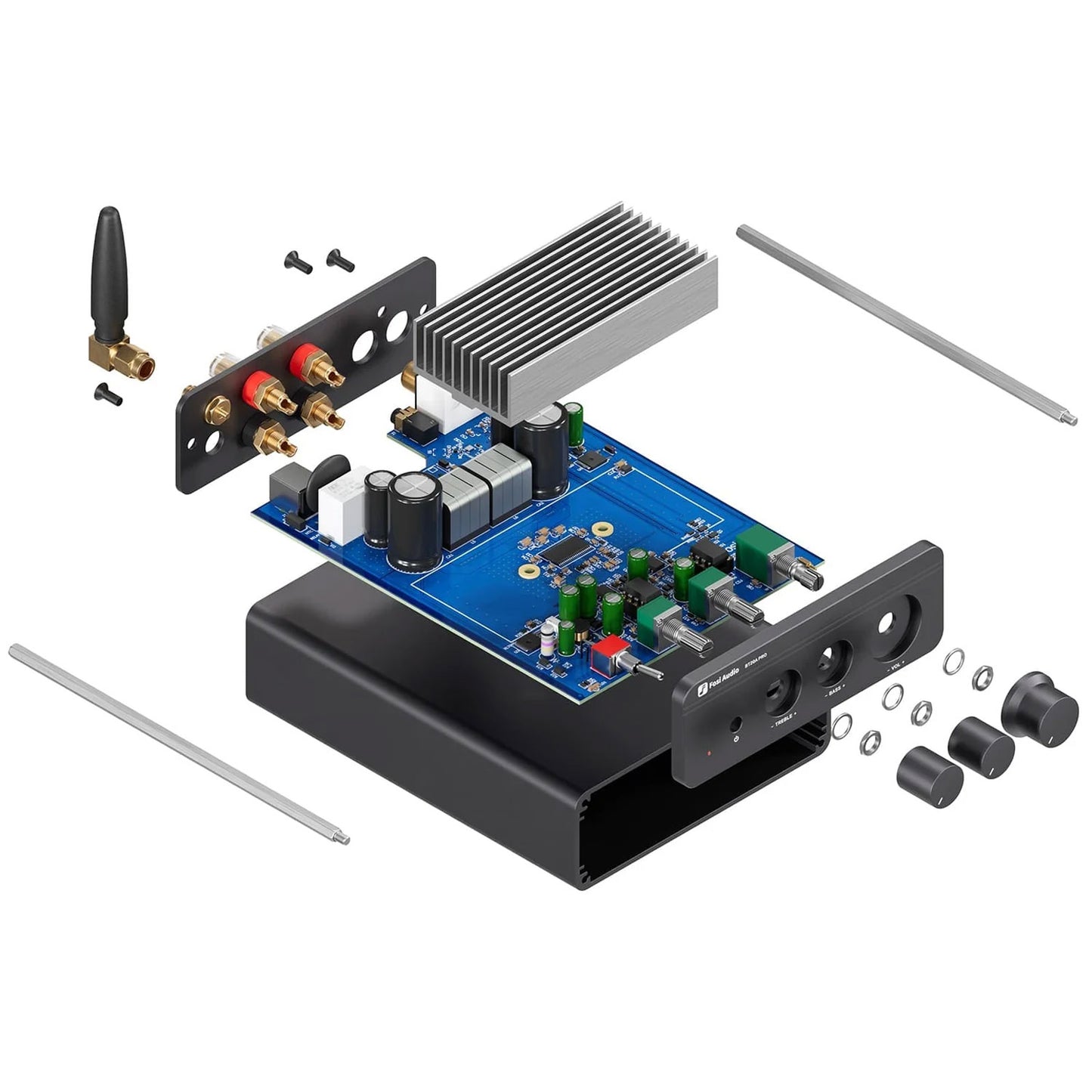 Fosi Audio BT20A Pro Bluetooth Integrated Amplifier shown pulled apart