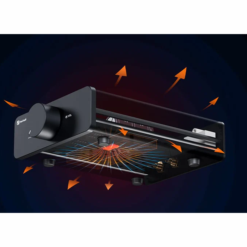 Technical diagram of a Stereo Amplifier with arrows indicating airflow on a dark background