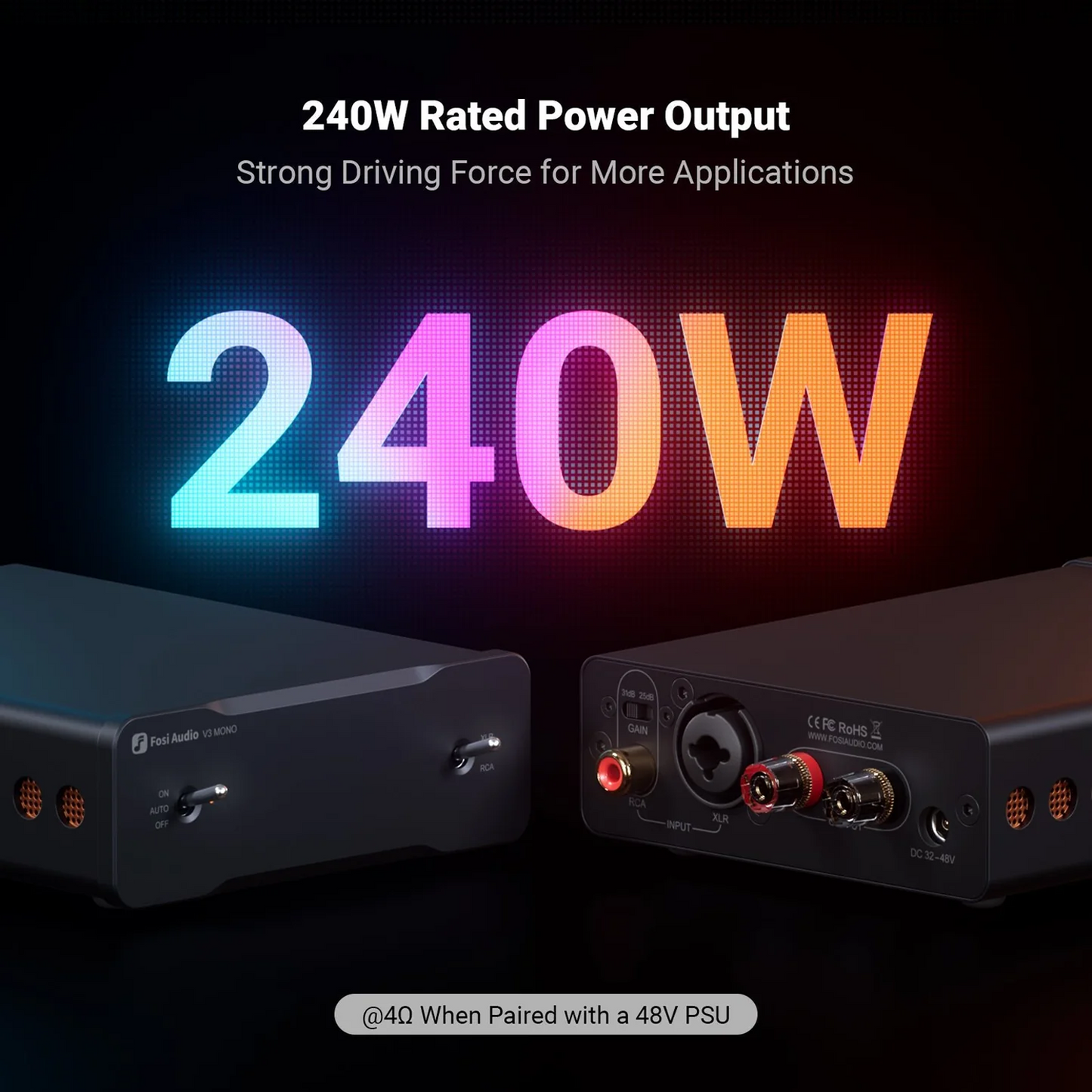 Fosi Audio V3 Mono Power Amplifier with text stating it is 240W