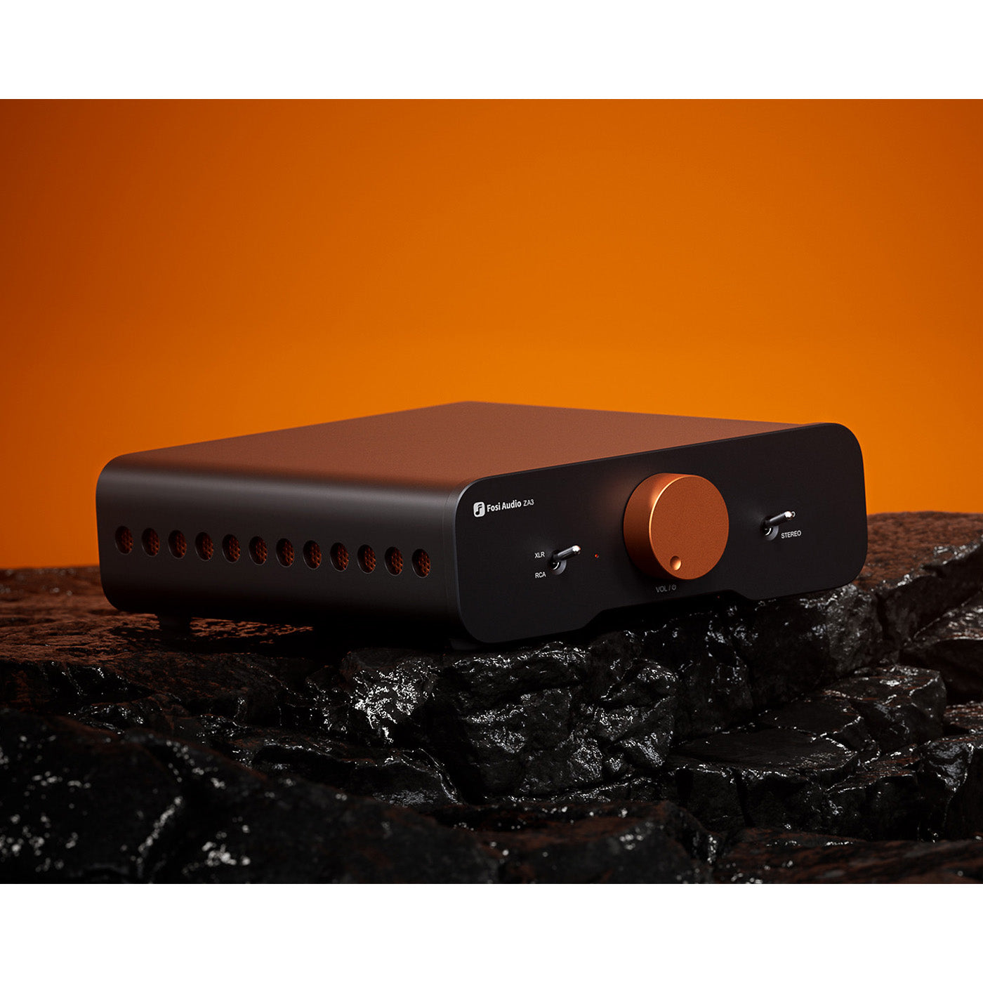 Fosi Audio ZA3 Balanced Stereo Amplifier on black surface and orange background