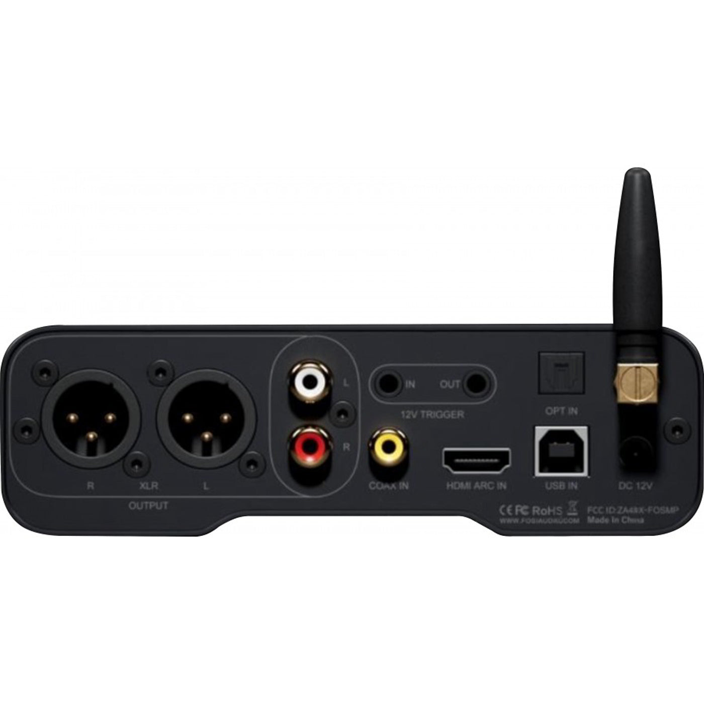 Back of Fosi Audio ZD3 Desktop DAC Preamp on white background