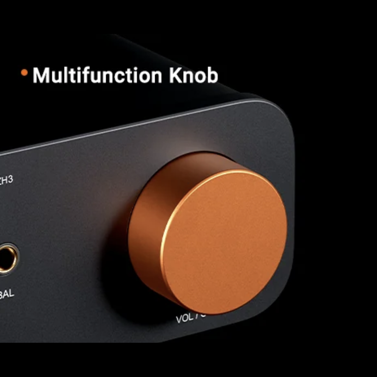 Close up of multifunction knob for the Fosi Audio ZH3 Headphone Amp DAC Preamp