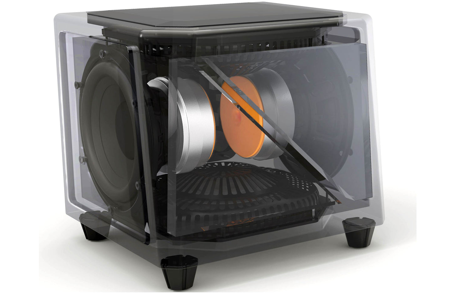 Dual 8" active drivers & dual 10.5" x 9.5" passive radiators