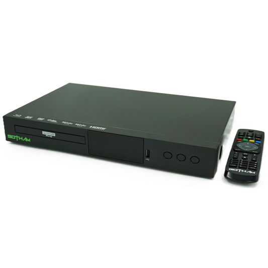 Black Gotham Blu-ray Player with a remote control on a white background