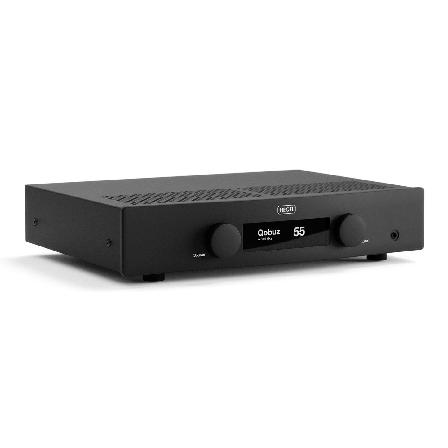 Angle view of black Hegel H150 Streaming Amplifier on white background
