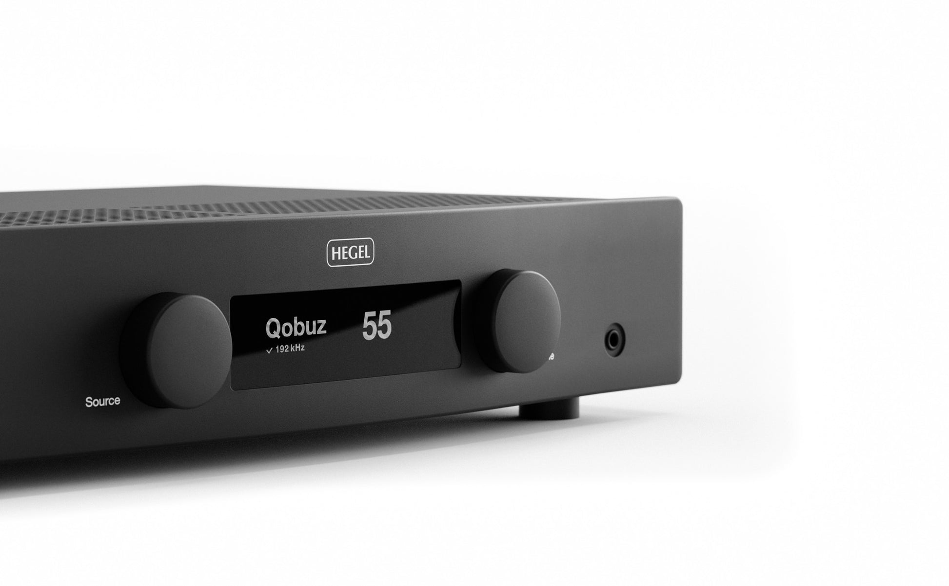 Front close up of black Hegel H150 Streaming Amplifier on white background