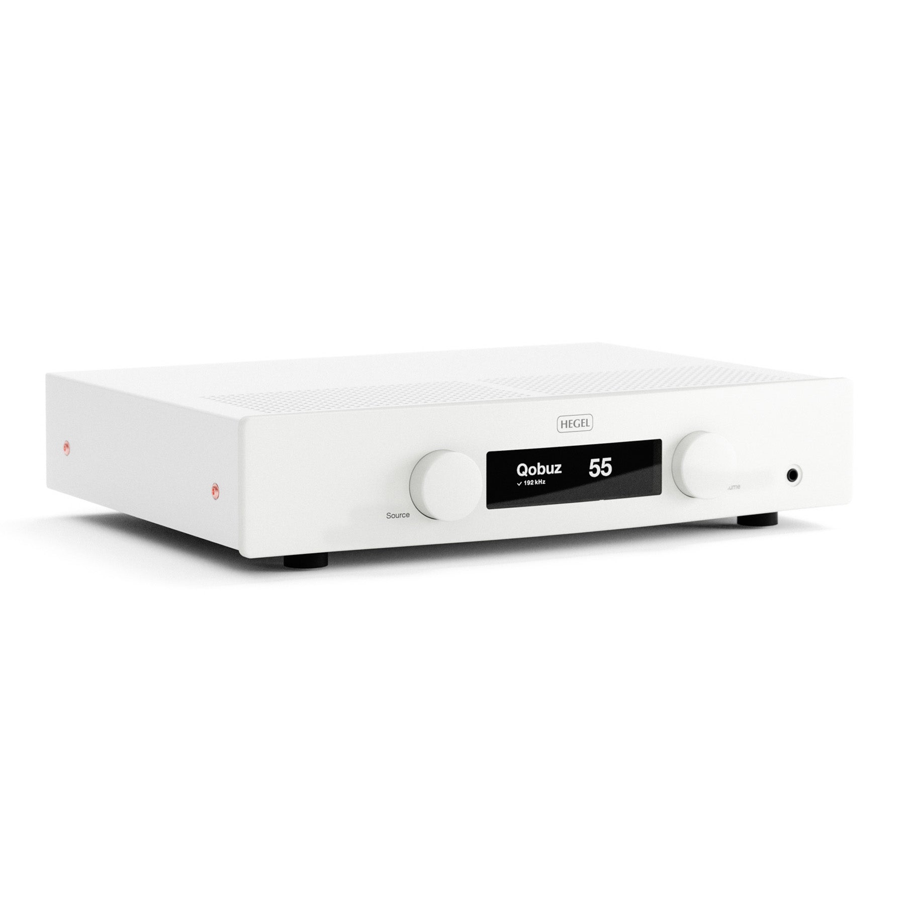 Angle view of Hegel H150 Streaming Amplifier in white on white background