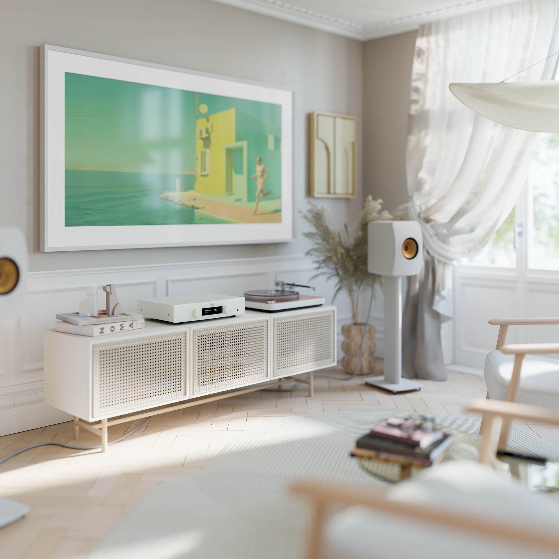Modern living room with white furniture, artwork on the wall, and a window with curtains.