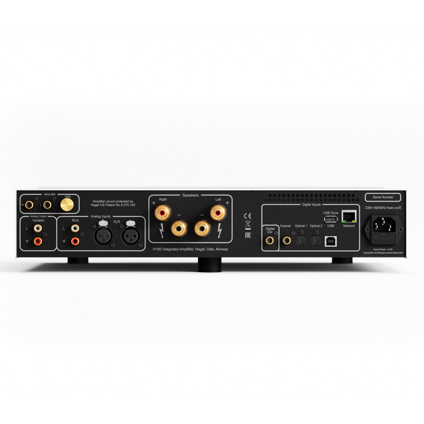 Back panel of Hegel H150 Streaming Amplifier on white background