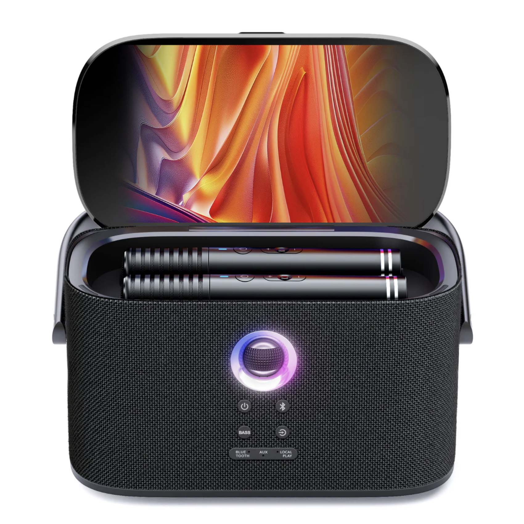 Ikarao Shell S2 Portable Karaoke Machine - Shown with Microphones