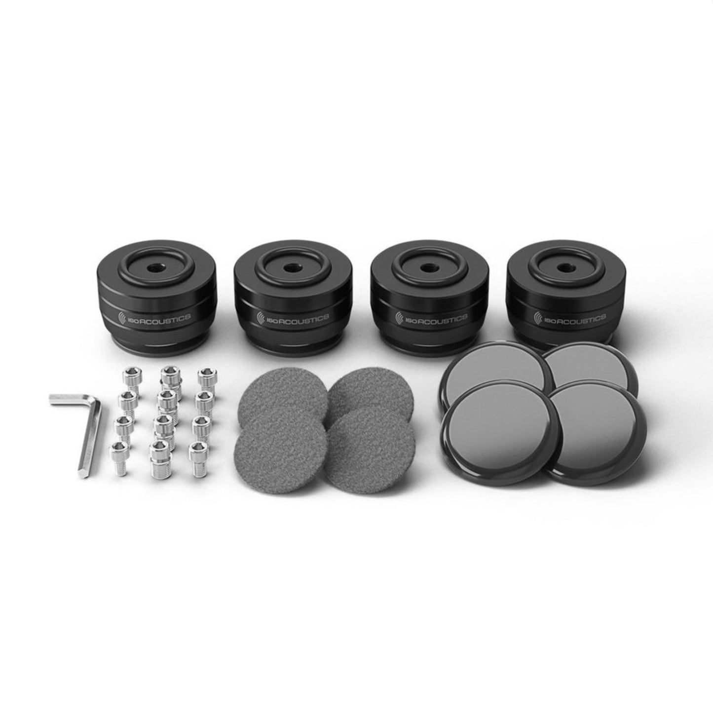 Black IsoAcoustics Gaia I Neo Speaker Isolation Feet with accessories
