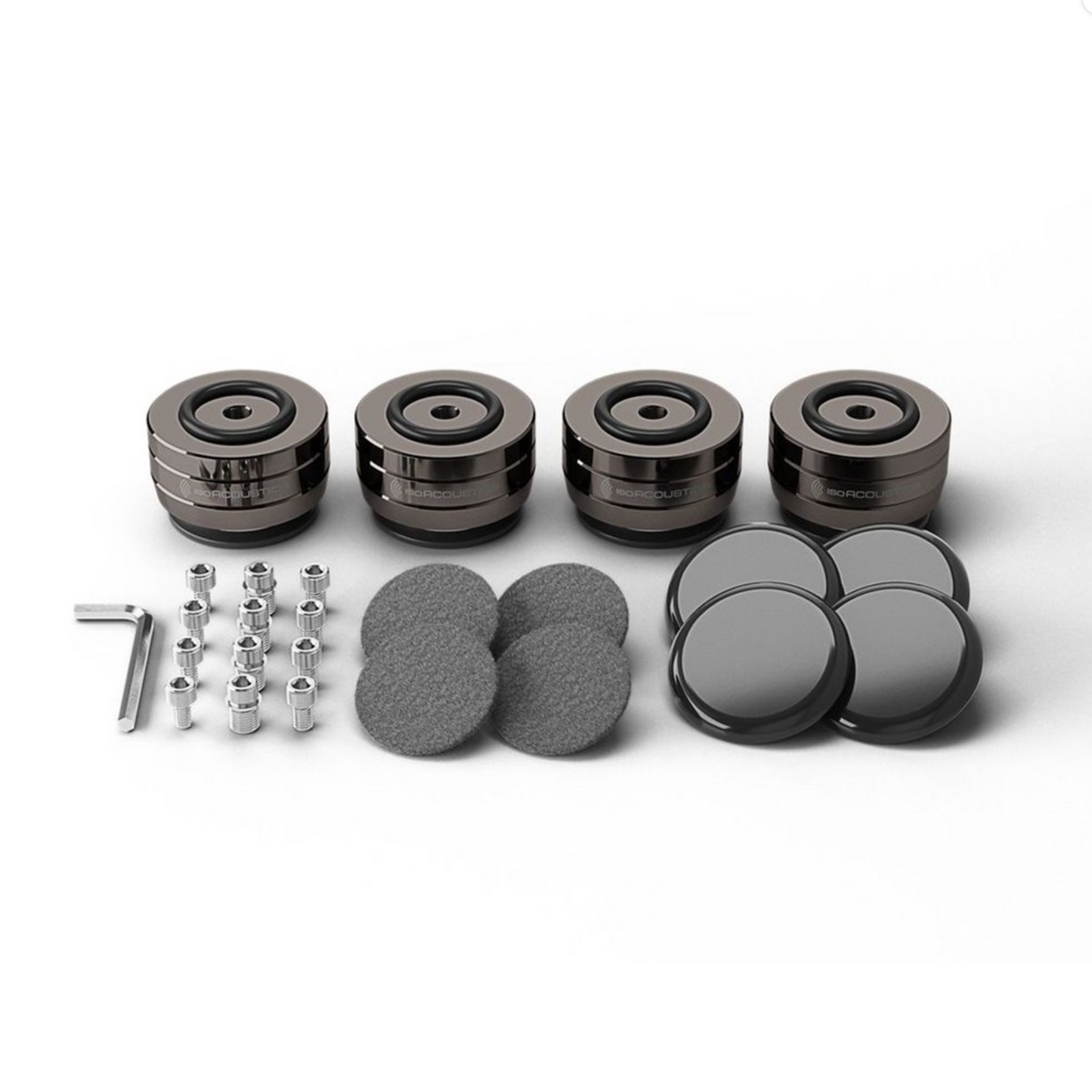 Chrome IsoAcoustics Gaia I Neo Speaker Isolation Feet with accessories