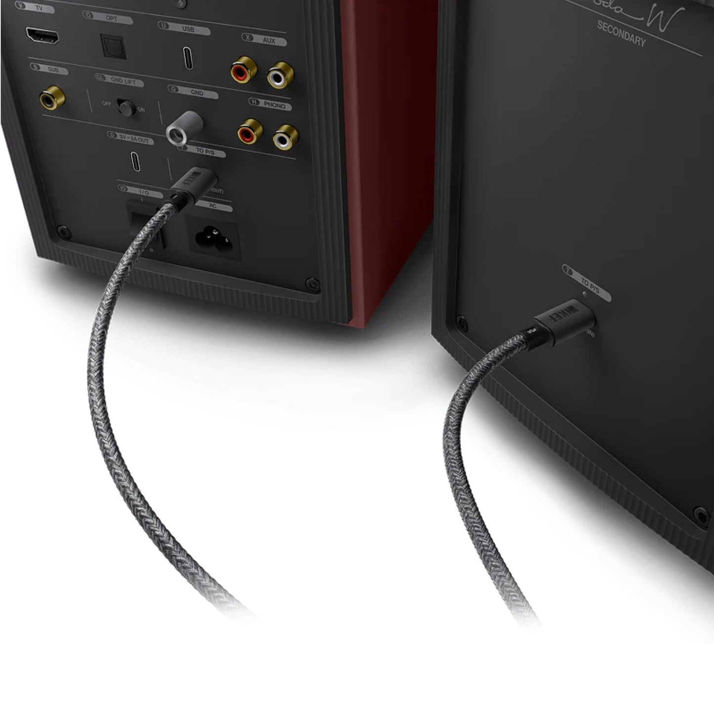 KEF 8 Metre C-Link Interspeaker Cable plugged into back of Coda W speakers