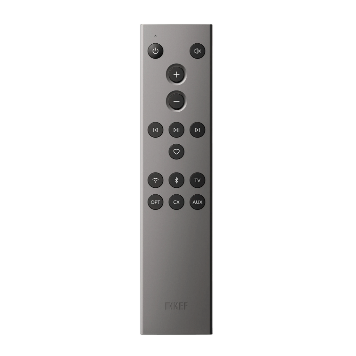 Silver remote control with buttons on a white background