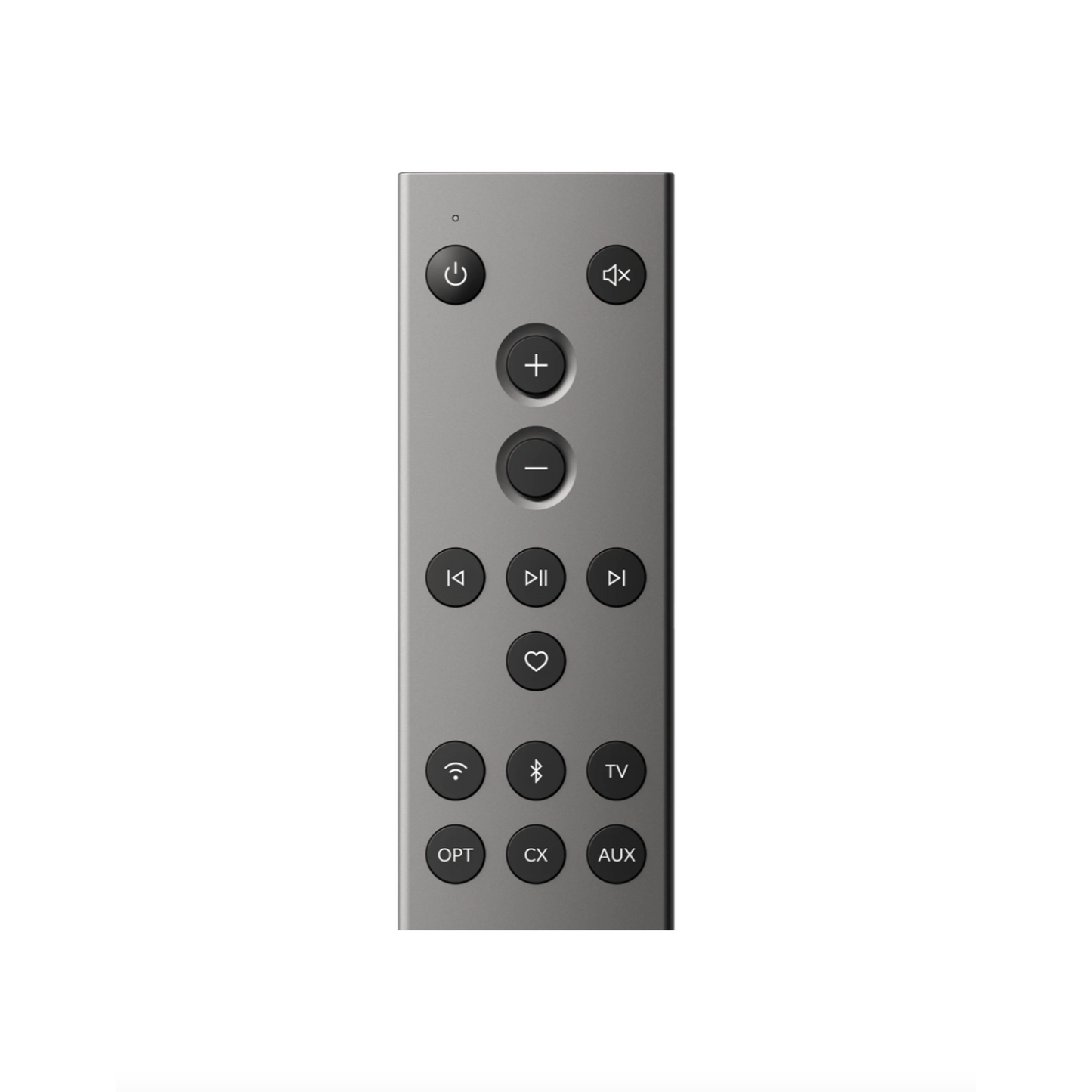 Silver remote control with various buttons on a white background