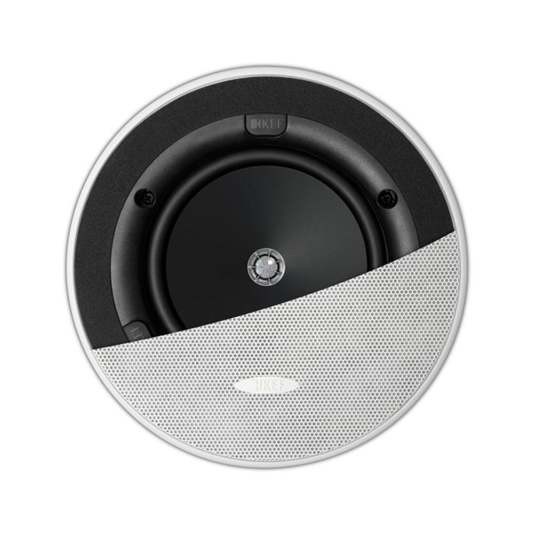 KEF Ci130.2CR In-Ceiling Speaker shown with half a grille