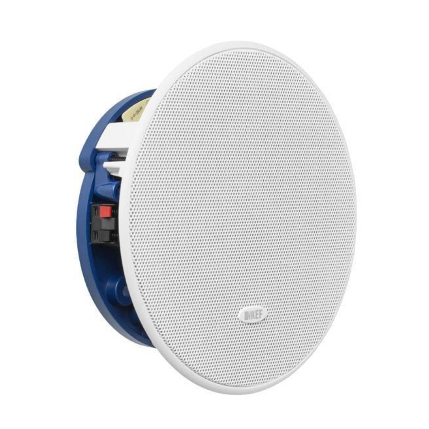 Angle view of KEF Ci130.2CR In-Ceiling Speaker with white grille