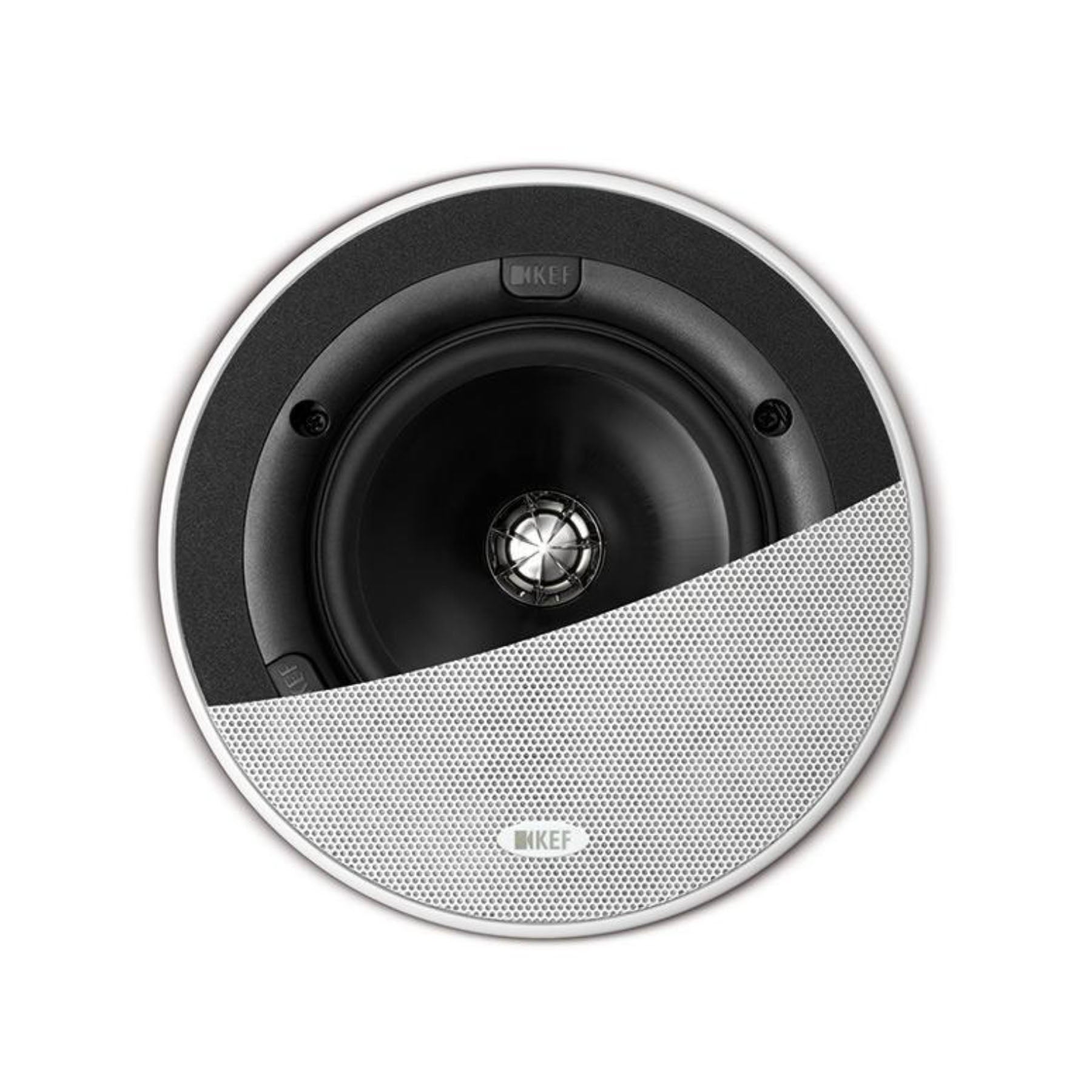 Front view of KEF Ci130QR In-Ceiling Speaker with half a white grille showing