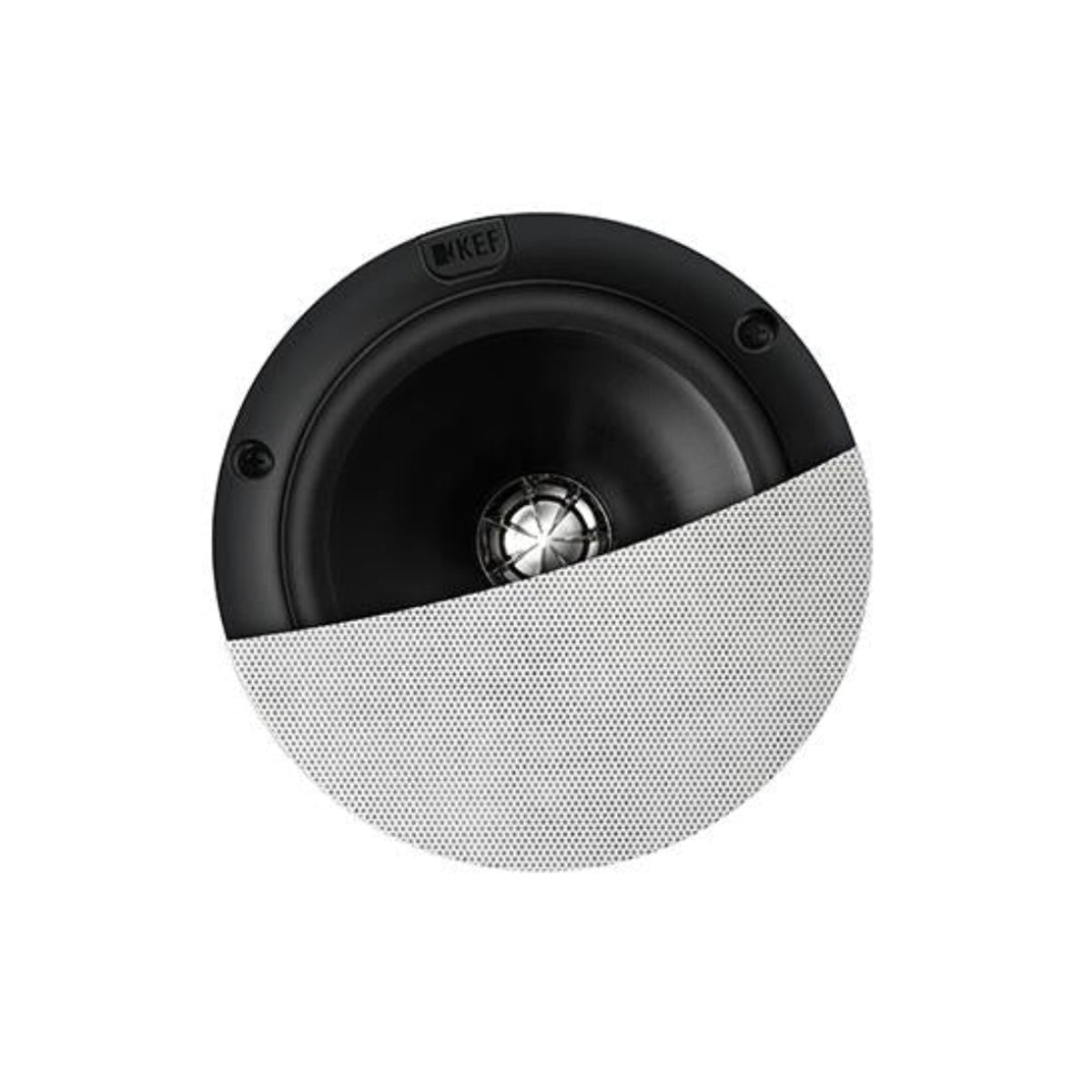 KEF Ci130QRfl Flush Mount In-Ceiling Speaker with half a grille showing
