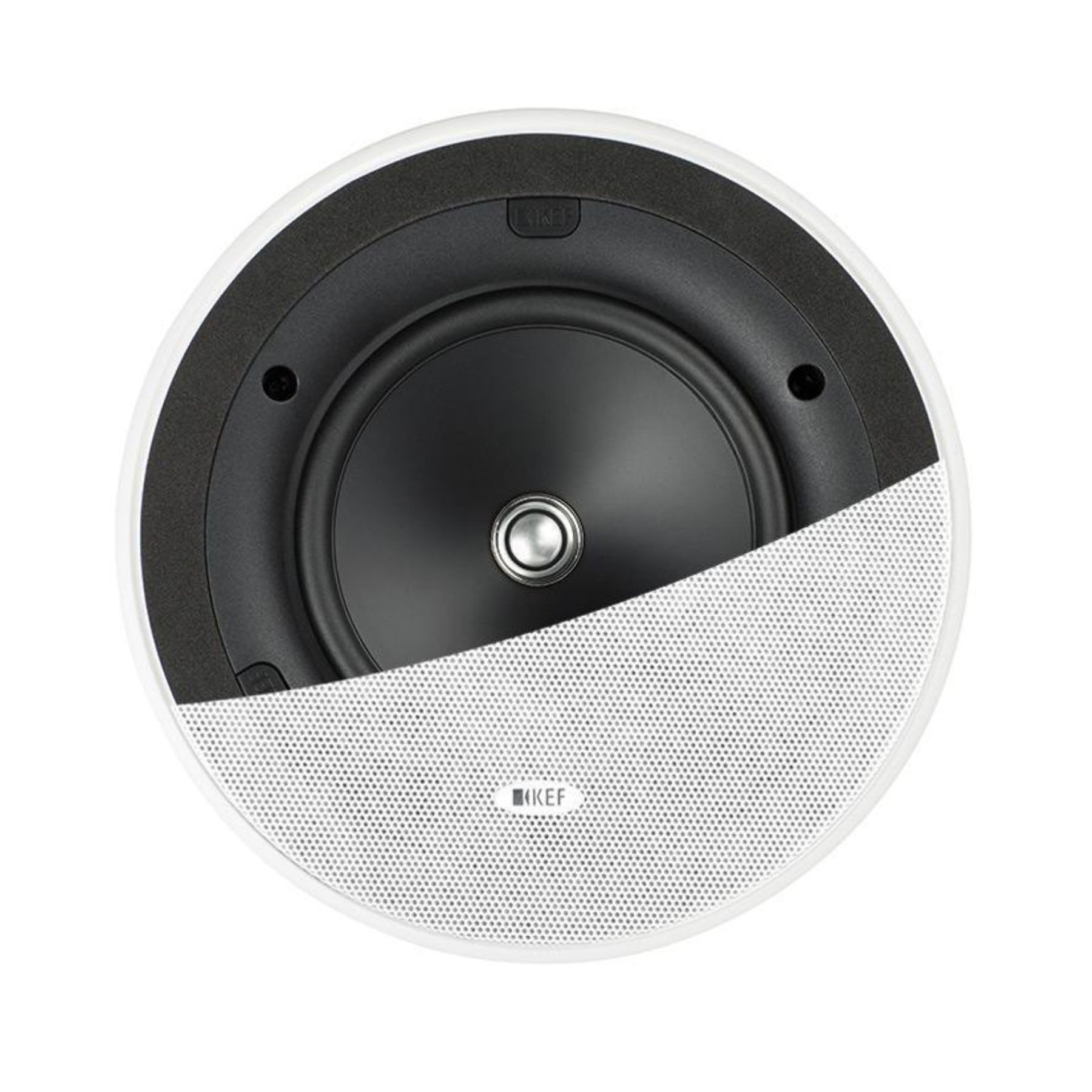 KEF Ci160ER In-Ceiling Speaker with half a grille showing