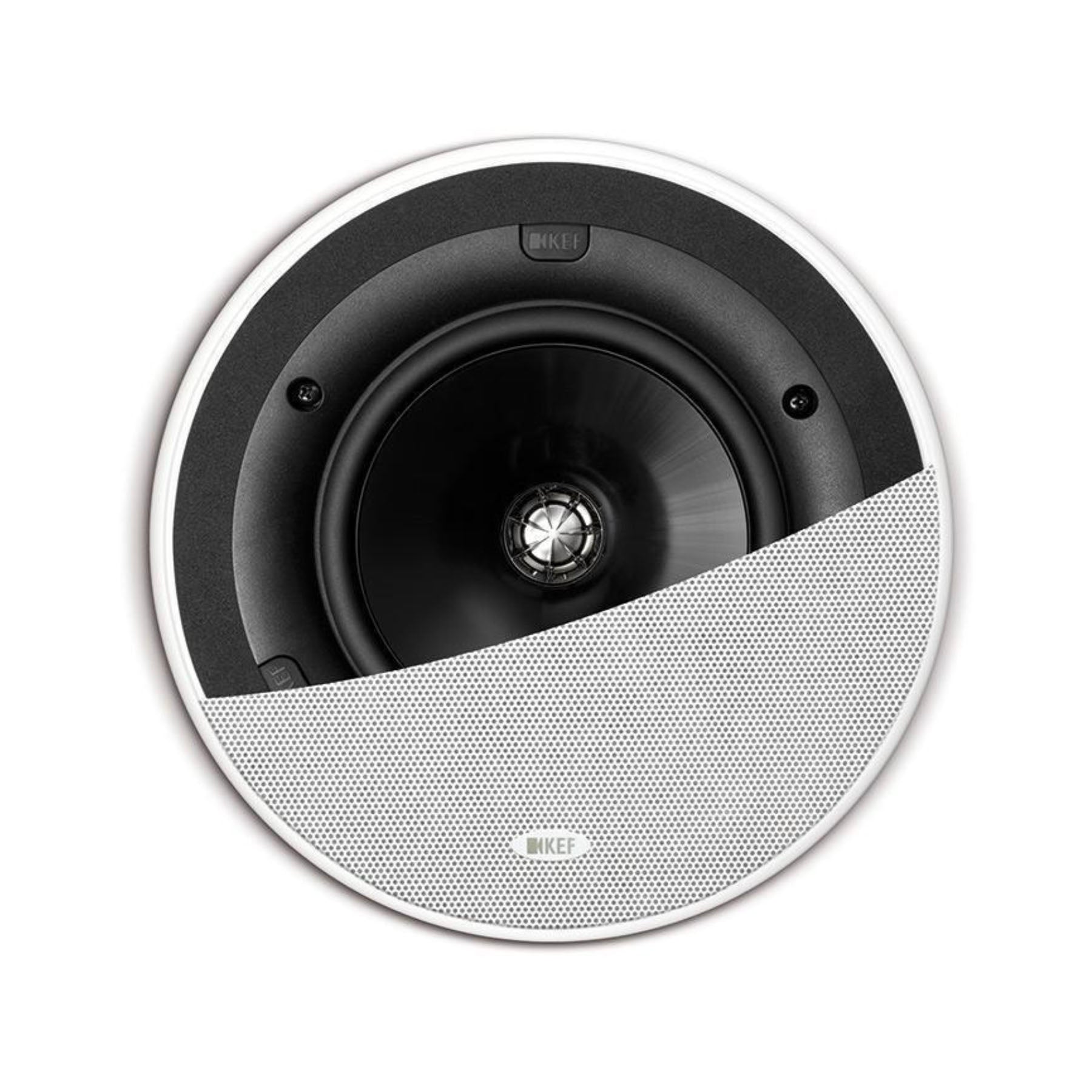 KEF Ci160QR In-Ceiling Speaker with half grille showing