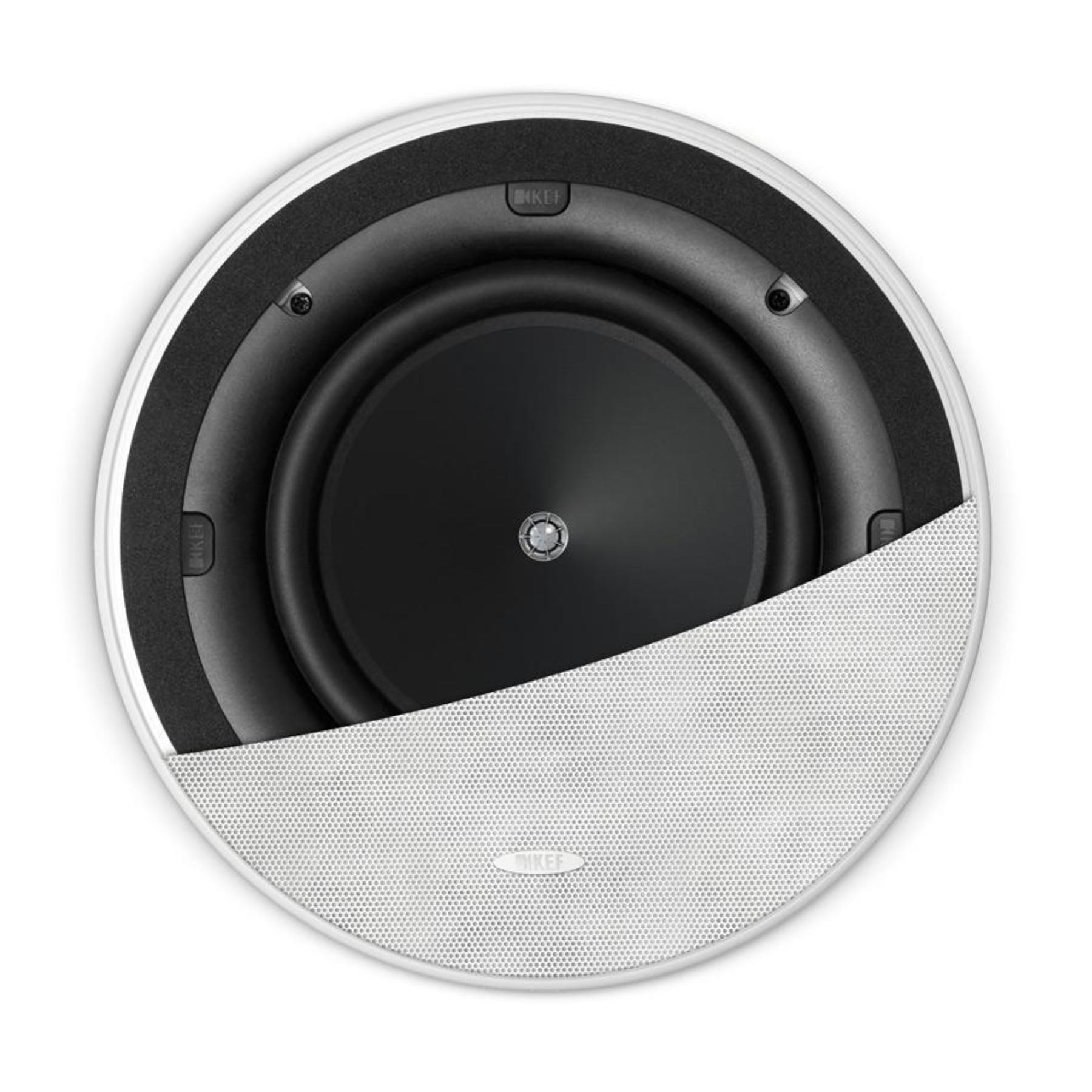 Front of KEF Ci200.2CR In-Ceiling Speaker with half grille showing