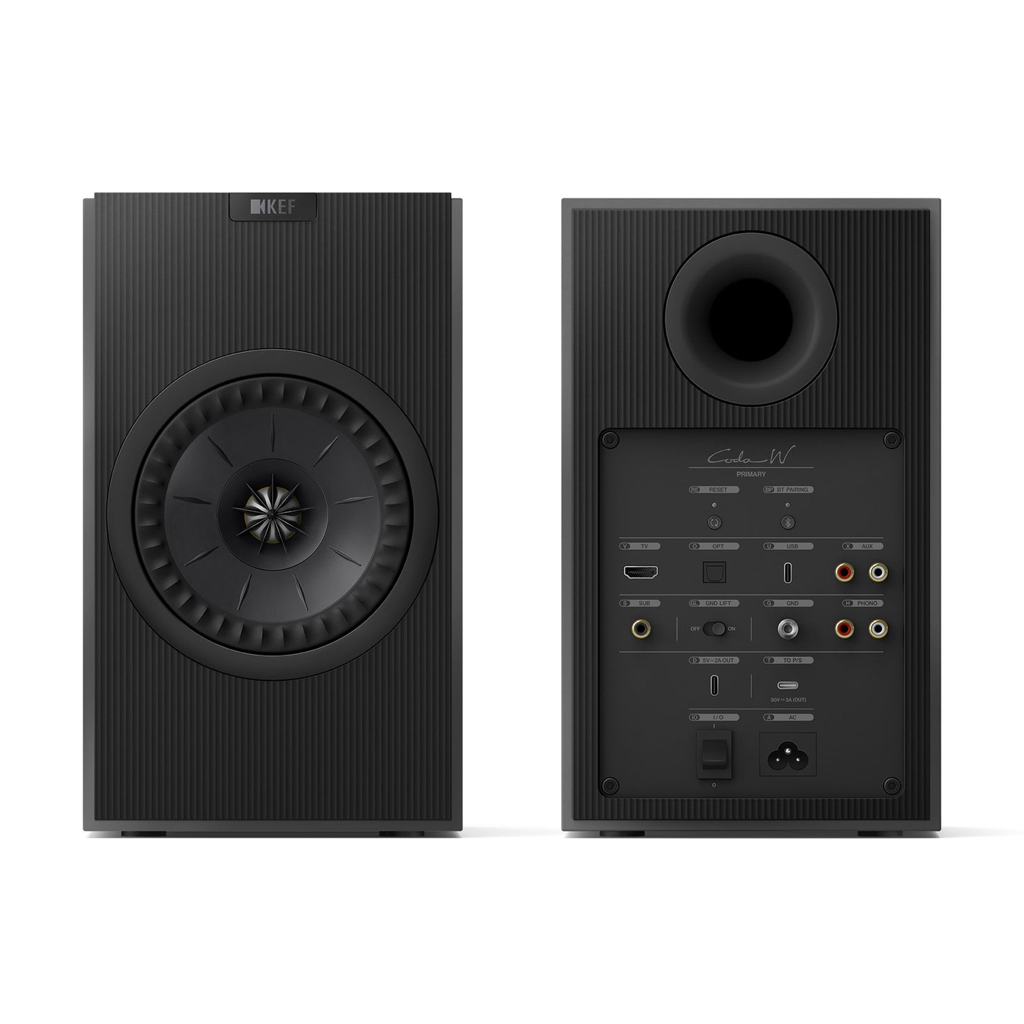 Front and rear view of KEF Coda W Speakers in Dark Titanium on white background