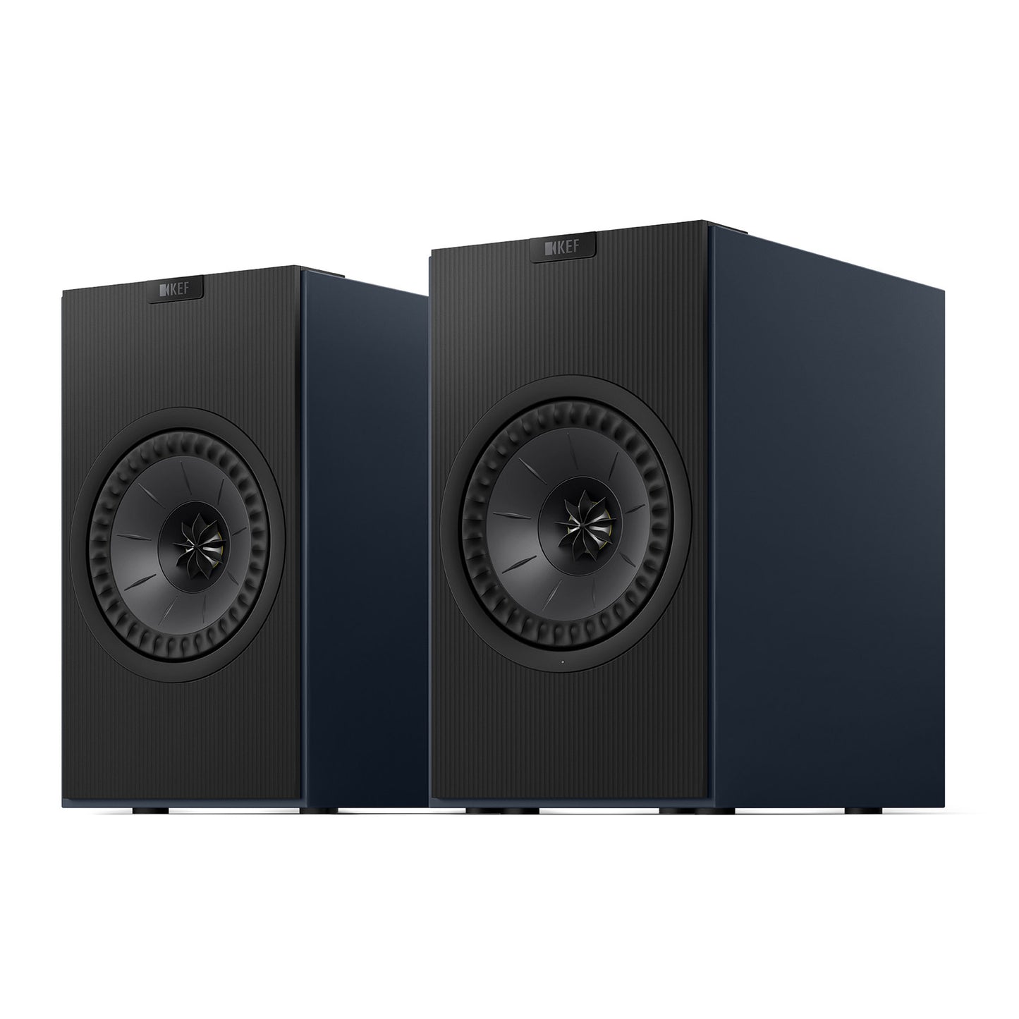 Pair of KEF Coda W Speakers in midnight blue on white background