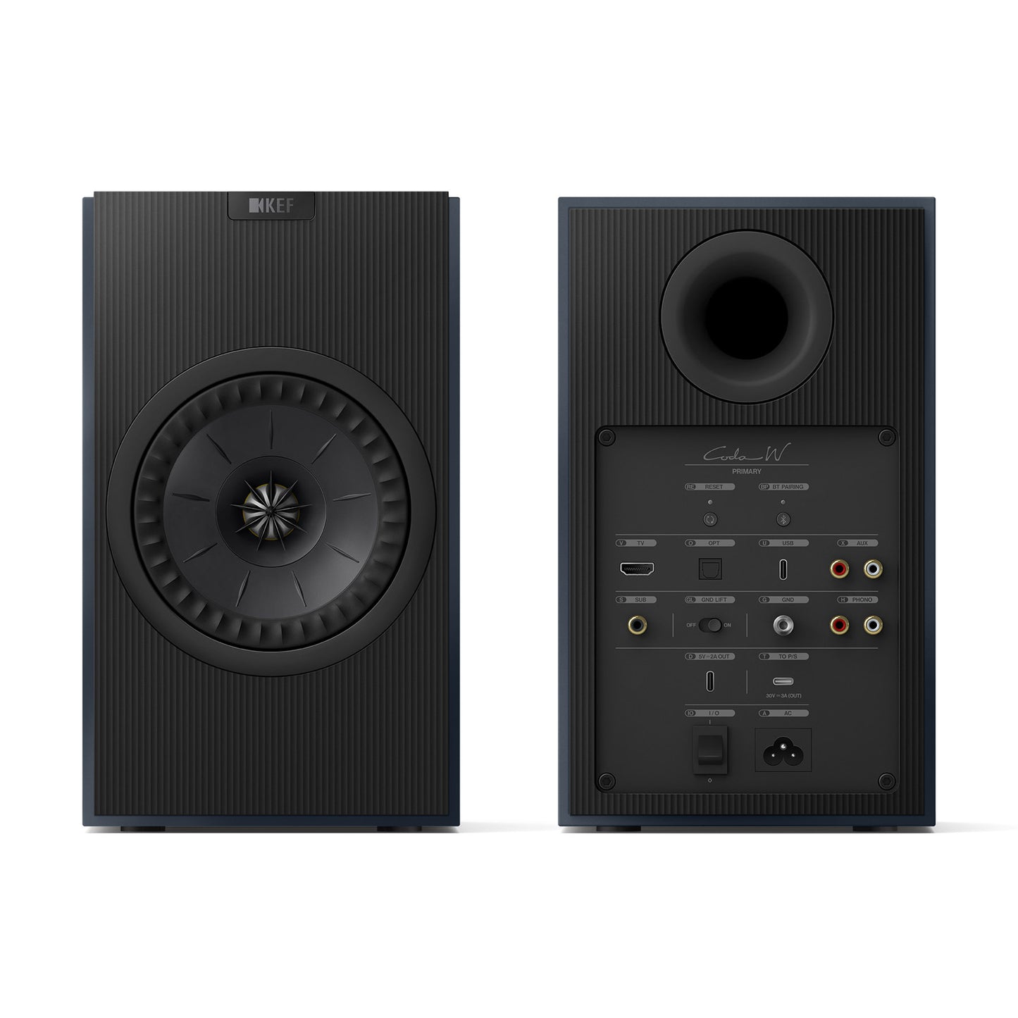 Front and rear view of KEF Coda W Speakers in midnight blue on white background