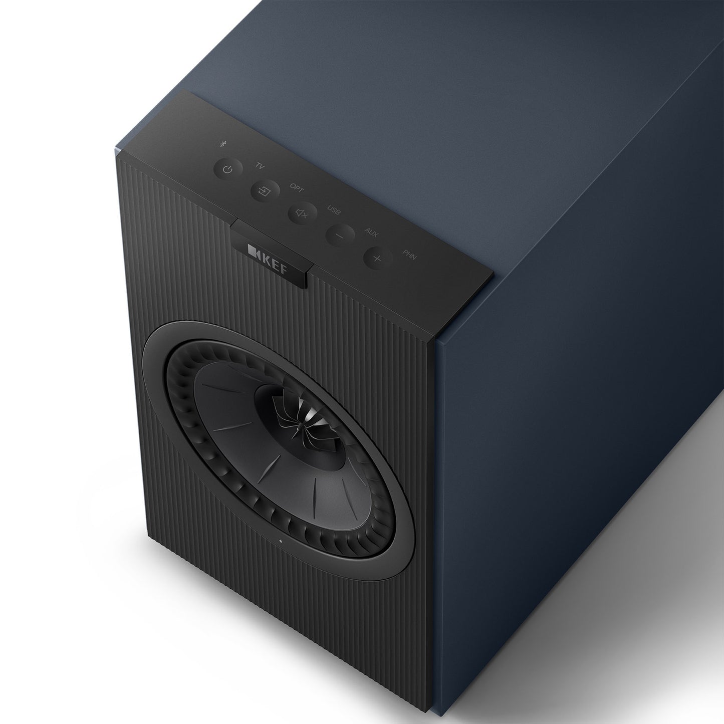 Top view of KEF Coda W Speaker in midnight blue on white background