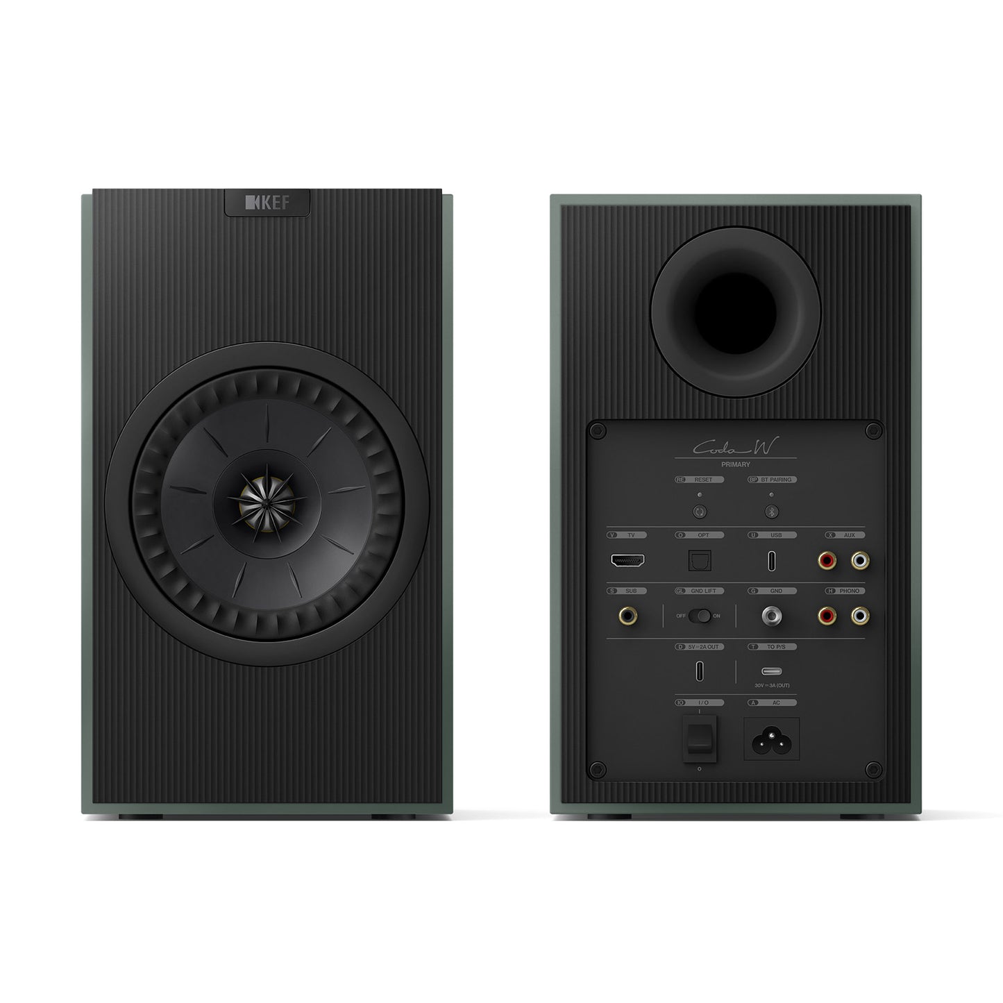 Front and rear view of Pair of KEF Coda W Speakers in moss green on white background