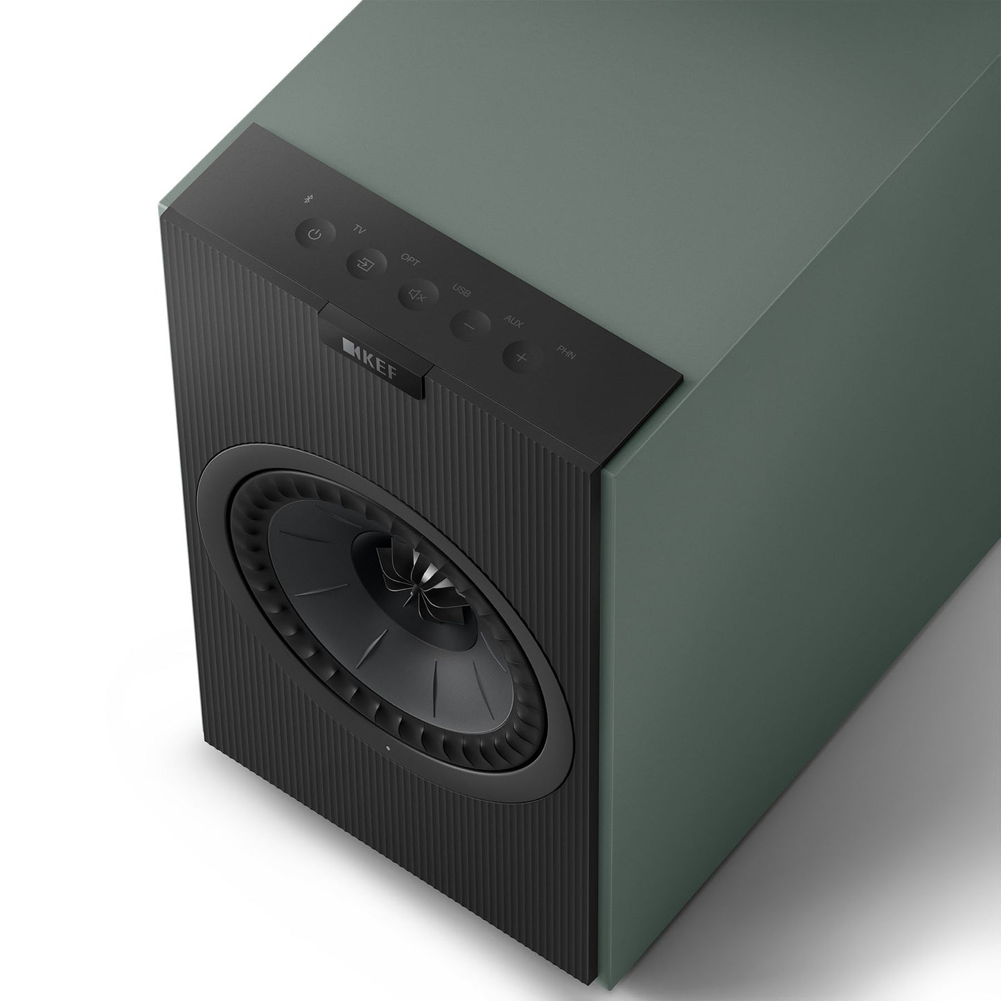 Top view of KEF Coda W Speaker in moss green on white background
