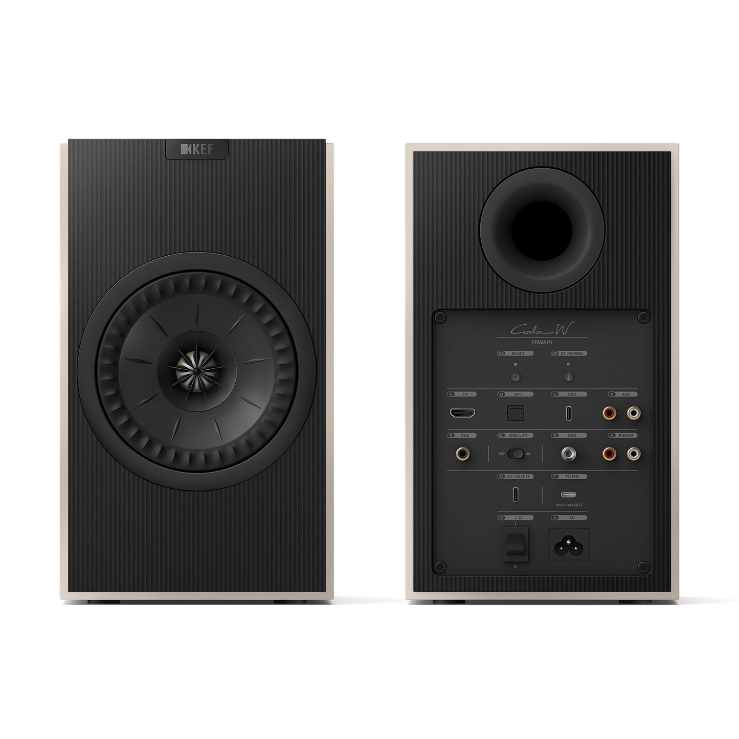 Front and rear view of KEF Coda W Speakers in nickel grey on white background