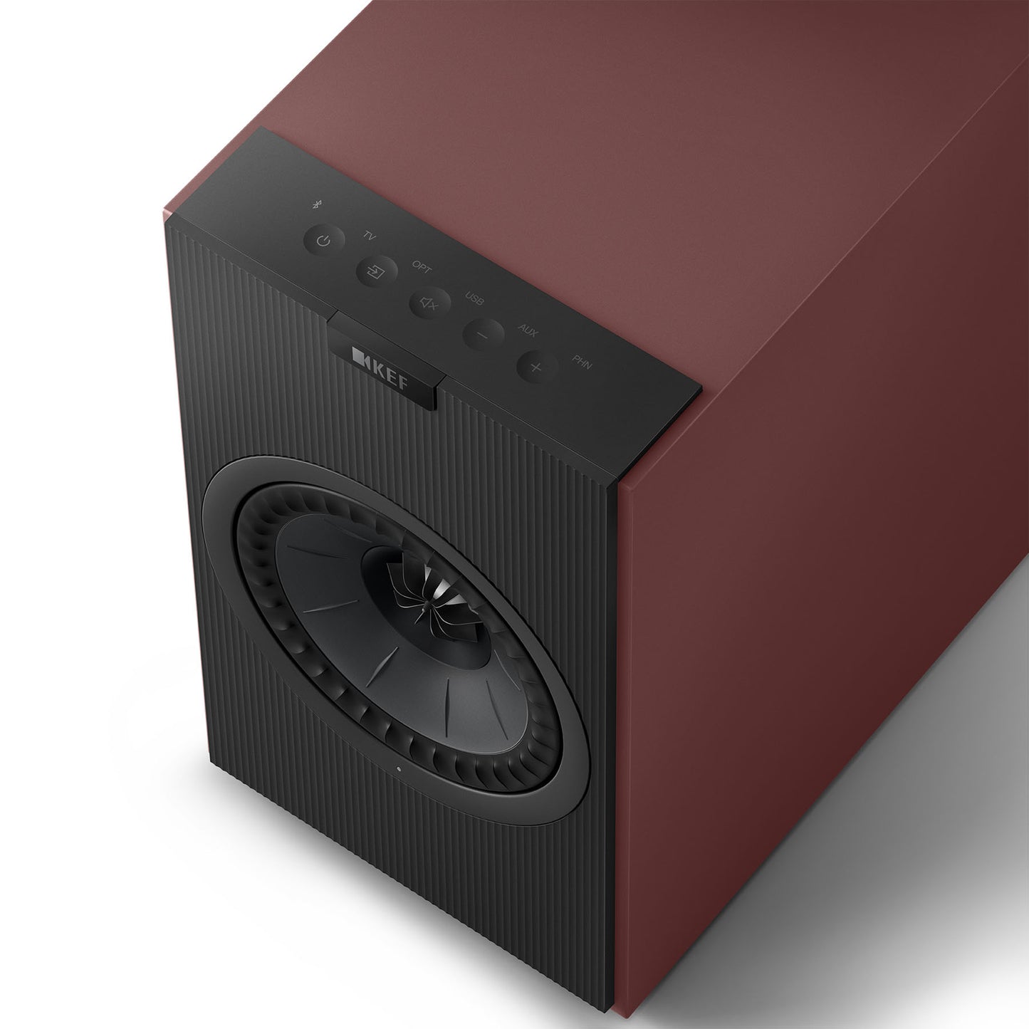Top view of KEF Coda W All-In-One Wireless Hi-Fi Speakers in Vintage Burgundy on white background