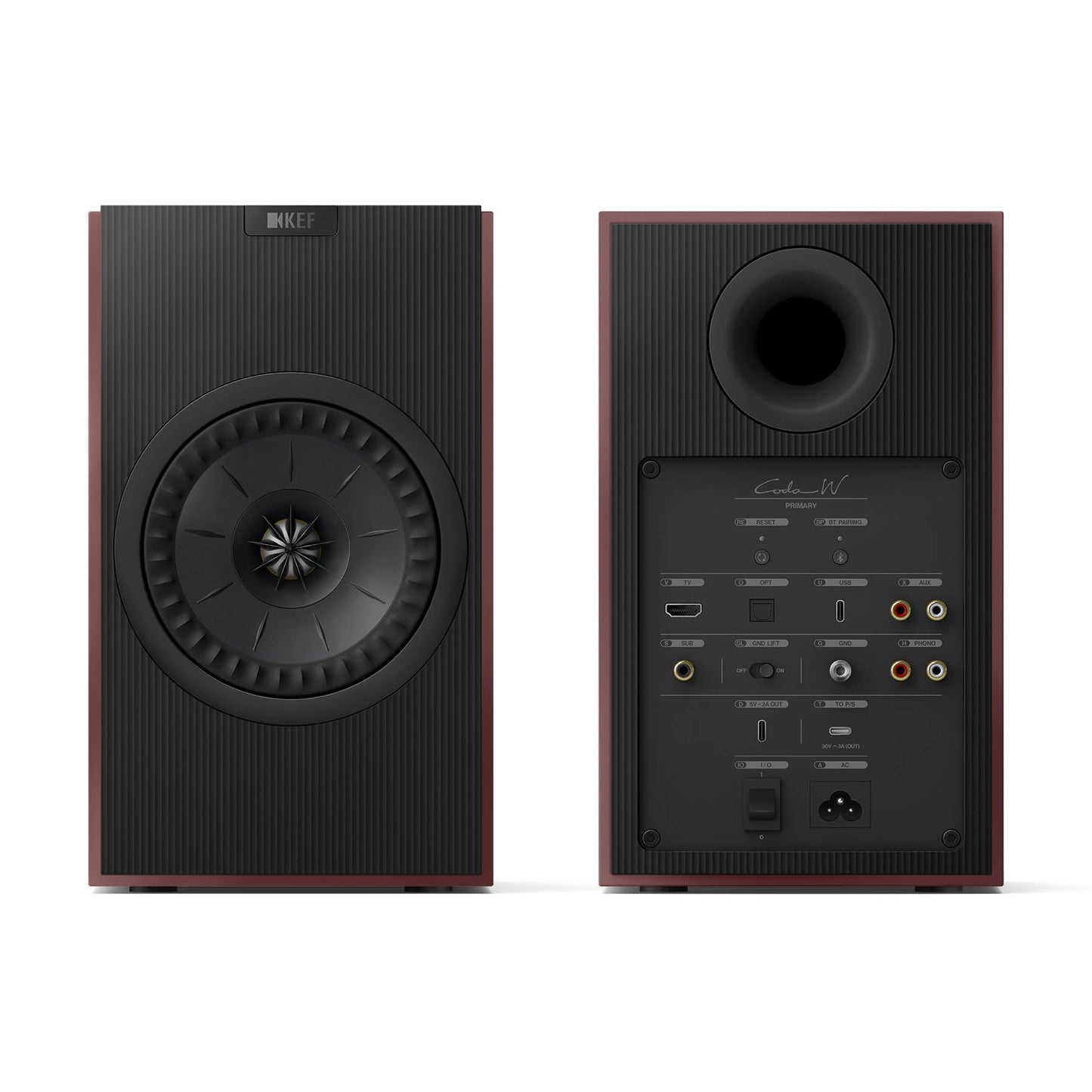 Front and rear view of KEF Coda W All-In-One Wireless Hi-Fi Speakers in Vintage Burgundy on white background